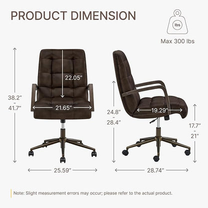 KISLOT Home Office Desk Chair, Ergonomic Office Chair with Square-Patterned Leather Upholstery, Adjustable Swivel Computer Chair with Wood Arms & Wheels, Soft-Rounded Front Edge, Espresso, Set of 2