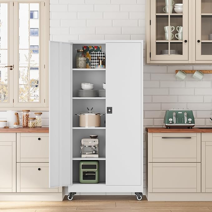 Fesbos Metal Rolling Storage Cabinet-74.6” Tall Steel File Cabinets with Wheels Lockable Doors and Adjustable Shelves-White Steel Storage Cabinet for Home, School, Office, Garage