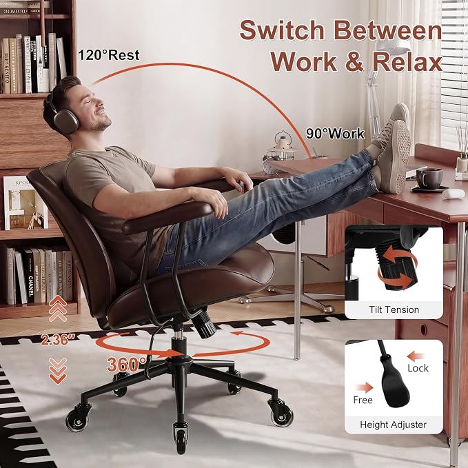 BFZ Home Office Desk Chair, Adjustable Comfy Office Chair with Wheels,Leather Office Chair with Removable Armrests, Office Desk Chair with Lumbar Support for Home Office or Workspace, Dark Brown