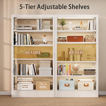 5 Tier White Metal Bookshelf, 71" H Bookcase with Adjustable Shelves, Heavy Duty Storage Bookshelves Tall Bookcase for Library, Office, Living Room, Classroom, Including Book Stopper(White)