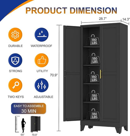 Metal Storage Cabinet with 2 Doors and 4 Adjustable Shelves - 71" Steel File Cabinet,Tool Cabinets for Office,Home,Garage,Gym,School (Black)
