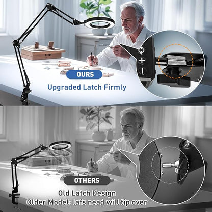 HITTI Ultra Long 12X Magnifying Glass with Light and Clamp, 5 Color Modes Stepless Dimming Desk Lamp, Swivel Arm Workbench Light, Hands Free Lighted Magnifier Stand for Craft Reading Soldering