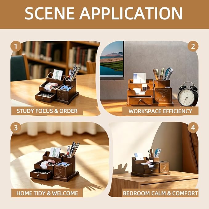Bamboo Desk Organizer with Drawer, Pen Holder & Business Card Slot, Multi-Compartment Desktop Storage Caddy, Wood Desk Accessories for Office & Home Office, Dark Brown Finish