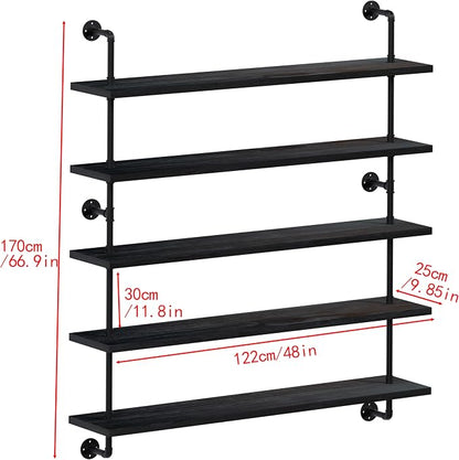 HDDFER Floating Shelves for Wall Bookshelf Industrial Pipe Shelving Shelves 48 Inch 5 Tier Natural Wood Planks Rustic Wall Shelves Hanging Bookshelves Farmhouse Kitchen Shelving Black