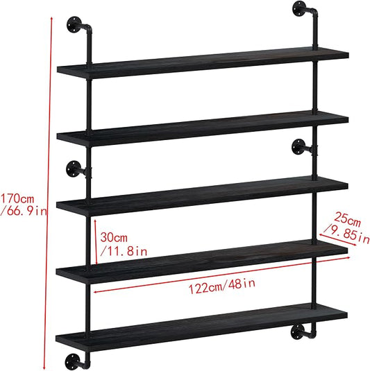 HDDFER Floating Shelves for Wall Bookshelf Industrial Pipe Shelving Shelves 48 Inch 5 Tier Natural Wood Planks Rustic Wall Shelves Hanging Bookshelves Farmhouse Kitchen Shelving Black