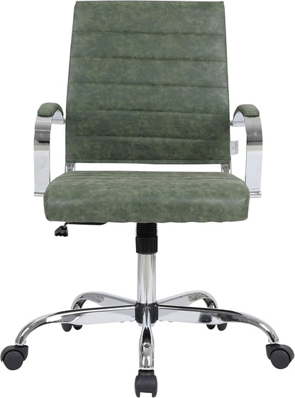 LeisureMod Benmar Leather Office Desk Chair, Mid-Back Ergonomic Swivel Chair with Lumbar Support, Adjustable Height, Tilt Lock, Cushioned Seat & Back, Home Office Task Chair (Green, Set of 6)