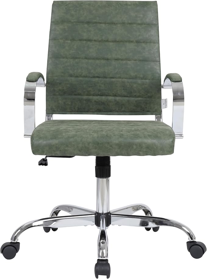 LeisureMod Benmar Leather Office Desk Chair, Mid-Back Ergonomic Swivel Chair with Lumbar Support, Adjustable Height, Tilt Lock, Cushioned Seat & Back, Home Office Task Chair (Green, Set of 4)