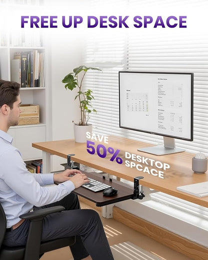 Ergonomic Mouse & Keyboard Tray Under Desk, Pull Out with Adjustable C-clamp, 20 (25.9 Including Clamps) x 11.8 Inch Slide Out Computer Keyboard Drawer Mouse Tray for Typing, Walnut