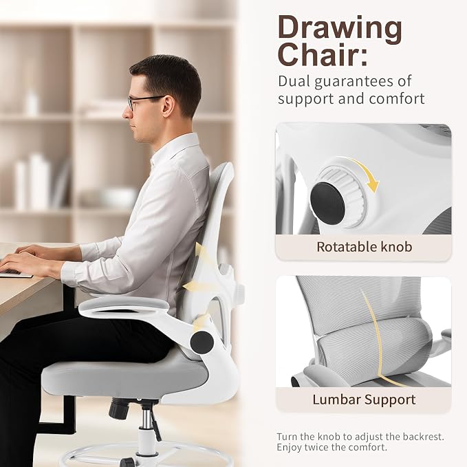 Karl home Ergonomic Drafting Chair, Grey | Lumbar Support, Flip-Up Armrests, Adjustable Height Footrest Ring, Breathable Mesh, Tall Swivel