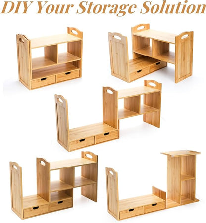 Eorbow Bamboo Desktop Bookshelf, Expandable Counter Bookcase, Storage Shelves Rack Organizer with Anti-Slip Pads, Cute Small Desk Display Cubby Top for Office Supplies, No Assembly Needed