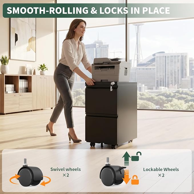 2 Drawer File Cabinet with Lock,Under Desk Filing Cabinet for Home Office Storage Letter/Legal/A4,Mobile Steel Cabinets with Wheels,Fully Assembled,Black