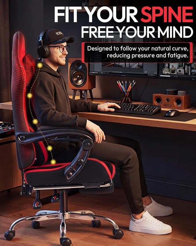 Dowinx Ergonomic Gaming Chair with Footrest & Massage Lumbar, 2D-Linkage Armrests for Computer Chair 330lbs with Headrest Pillow for Office, Home, Streaming and Long Gaming Sessions, Fabric Dark Red
