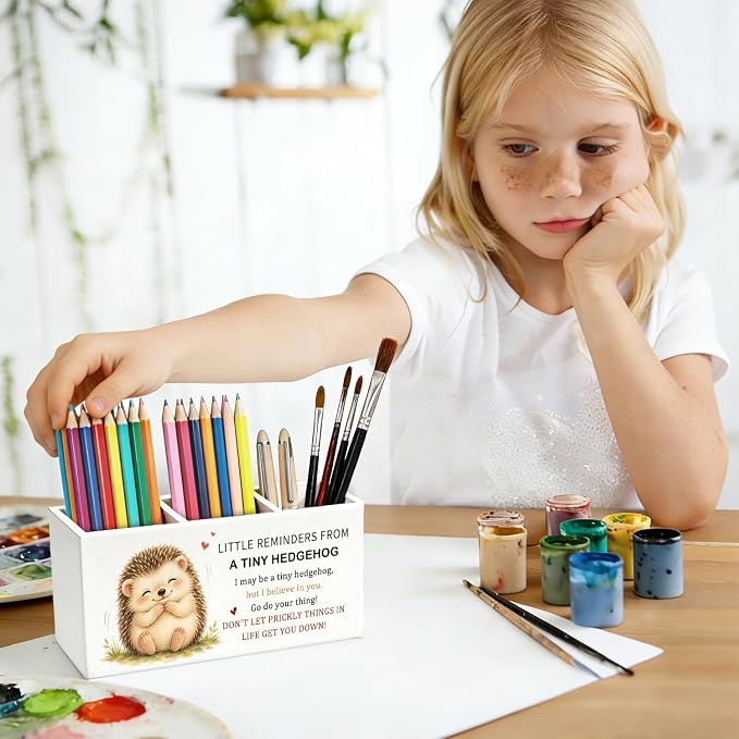 Positive Hedgehog Pen Pencil Holder Desk Decor Gifts for Women | Cute Hedgehog Inspirational Pen Pencil Wooden Organizer Office Desk Accessories Decorations for Dorm Room Bedroom Tabletop