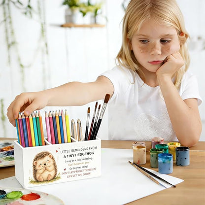 Positive Hedgehog Pen Pencil Holder Desk Decor Gifts for Women | Cute Hedgehog Inspirational Pen Pencil Wooden Organizer Office Desk Accessories Decorations for Dorm Room Bedroom Tabletop