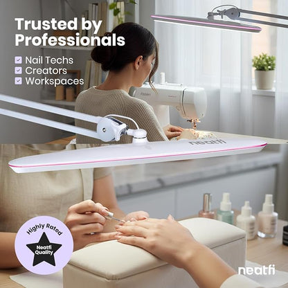 Neatfi XL 2,200 Lumens 24W LED Desk Lamp – 23” Wide Shade | Dimmable Eye-Caring Task Light | Adjustable Arm | Home Office, Study, Crafts & Nail Tech (White with Pink Ring, Non-CCT with Clamp)