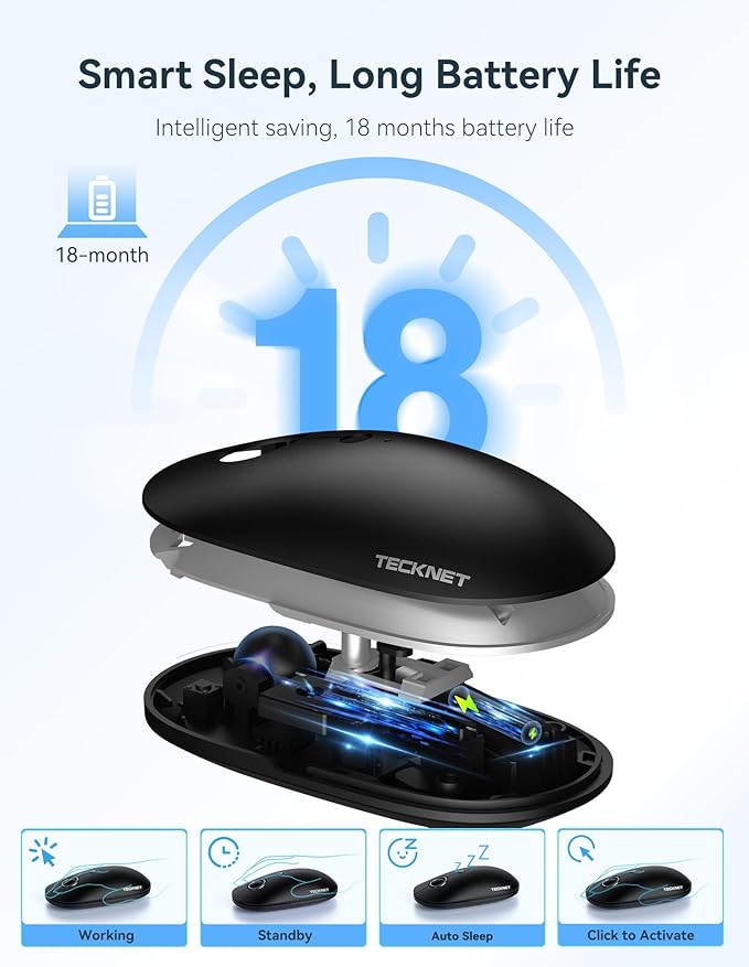 TECKNET Wireless Mouse, 2.4G Computer Mouse for Laptop, 4800 DPI Silent Mouse with USB Receiver, Slim Portable Travel Mouse Compatible with MacOS Windows Android PC Chromebook, 18 Months Battery Life