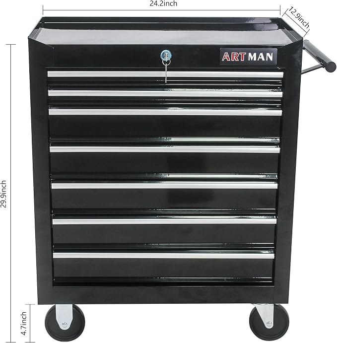 RYH 7 Drawers Rolling Tool Chest & Tool Box on Wheels | Heavy Duty Metal Cart with Ball Bearing Drawers | Fits US General Tool Box for Garage Storage (Black, 7 Drawers（29.9" H × 24.2" W × 12.9" D)