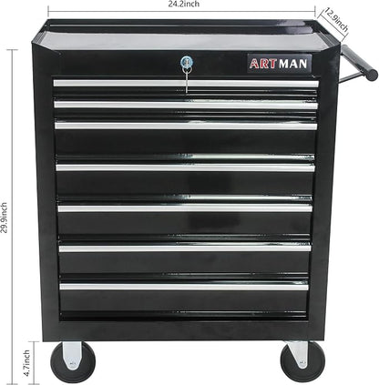 RYH 7 Drawers Rolling Tool Chest & Tool Box on Wheels | Heavy Duty Metal Cart with Ball Bearing Drawers | Fits US General Tool Box for Garage Storage (Black, 7 Drawers（29.9" H × 24.2" W × 12.9" D)