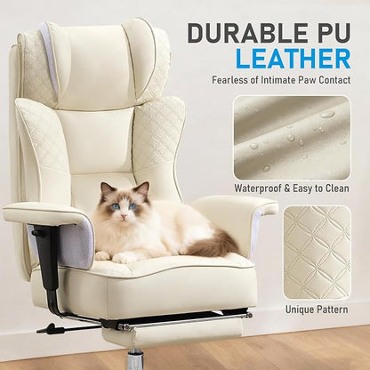 Big and Tall Office Chair, Leather Executive Ergonomic Desk Chair with Footrest, Comfy High-Back Computer Reclining Chairs with Lumbar Support (Beige)