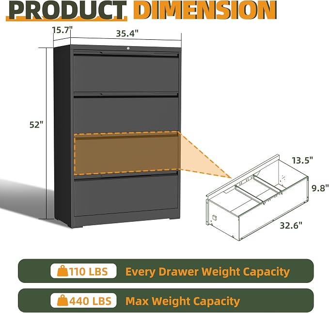 Lateral File Cabinet, 4 Drawer Lateral File Cabinet with Lock, Metal Lateral Filing Cabinet for Home Office, Office Organization Cabinet for Letter/Legal/F4/A4 Size