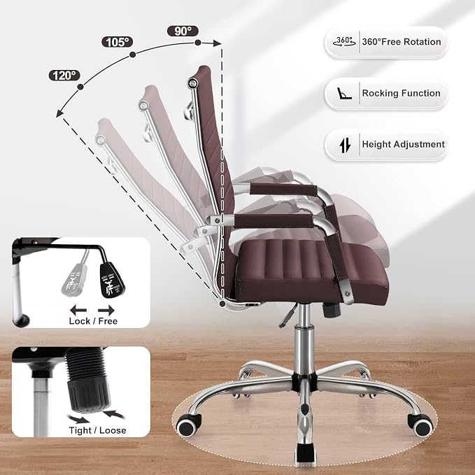 Shahoo Ribbed Office Chair, Mid-Back PU Leather Office Chair Executive Task Chair with 360° Swivel Wheels for Conference Room, Home Offices (Brown)