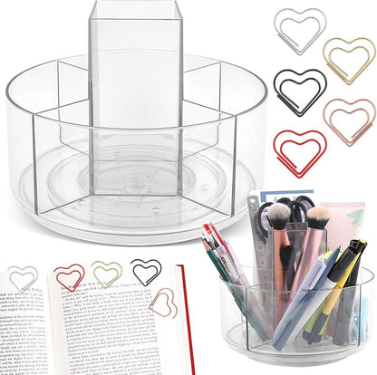 HONUTIGE Acrylic Desk Organizer Clear, 360 Degree Rotating Pen Organizer Large Pen Holder with Mini Paper Clips Stationery Supplies Marker Holder Art Supply Storage Organizer 5 Compartments