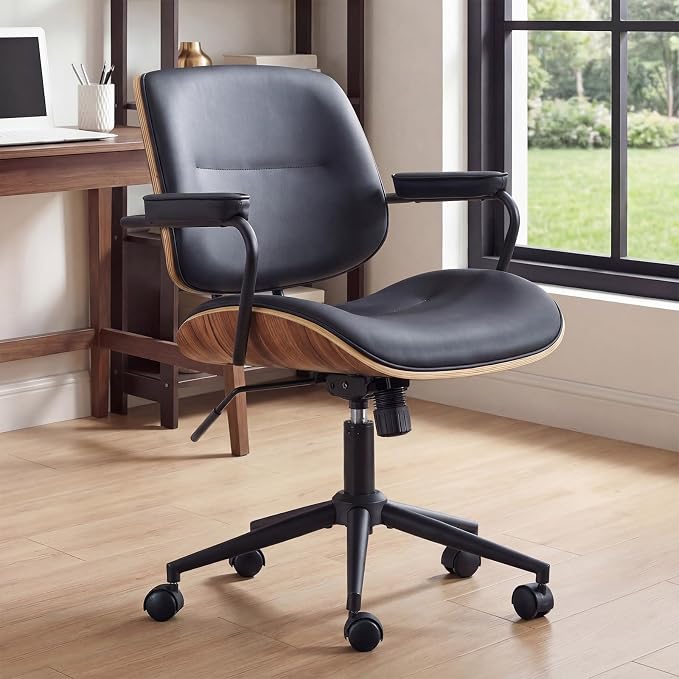 Mid Century Modern Office Chair with Adjustable Backrest, Wooden Desk Chair with Armrests, Swivel Height Adjustable Home Office Chair, Comfortable Task Chair for Home Office, Black