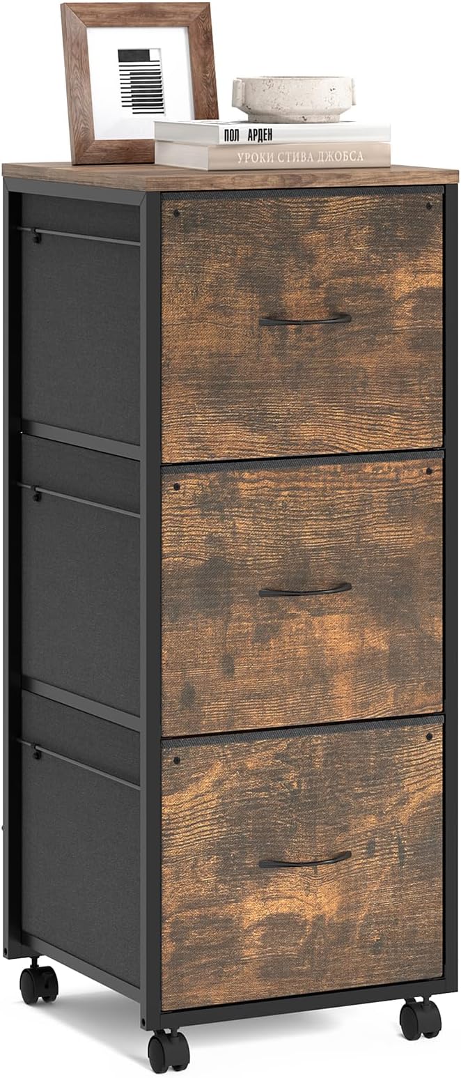 VINGLI 3 Drawer File Cabinet 34.8” Height, Rolling File Cabinet Mobile Tall File Cabinet with Wheels, Fabric Drawers Printer Stand for Home Office, Fits Letter Size, Rustic Brown