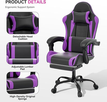 Gaming Chair, Ergonomic Computer Chairs with Arms, Lumbar Support, Footrest, Headrest 360°Swivel Chair, Adjustable Back and Height, Leather PC Chairs for Gaming, Study, Office, Black/Purple