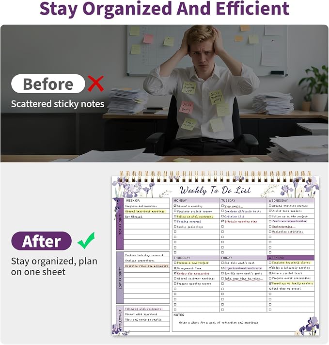 104 Pgs Weekly To Do List Notepad, 52 Duplex-Printed Undated Sheets 100 GSM（8.5"×11") Weekly Desk Planner For Work Home School Office Desk Accessories Supplies & Goal Setting Tasks - Purple Iris