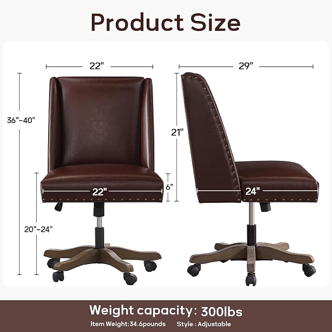 Zihanhome Armless Home Office Chair with Wooden Legs, Modern Leather Upholstered Office Desk Chair No Arms Sewing Chair Adjustable Swivel Desk Chair for Farmhouse Office Study Studio, Reddish