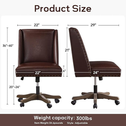 Zihanhome Armless Home Office Chair with Wooden Legs, Modern Leather Upholstered Office Desk Chair No Arms Sewing Chair Adjustable Swivel Desk Chair for Farmhouse Office Study Studio, Reddish