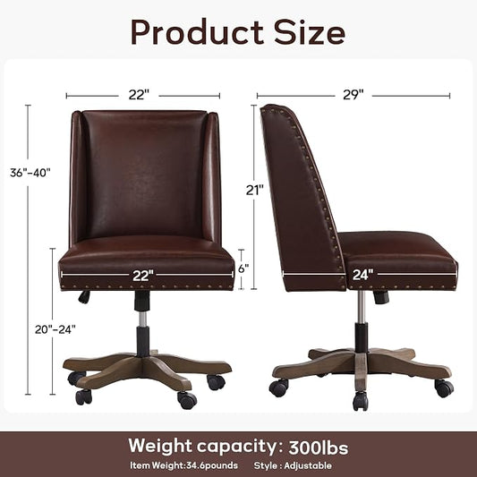 Zihanhome Armless Home Office Chair with Wooden Legs, Modern Leather Upholstered Office Desk Chair No Arms Sewing Chair Adjustable Swivel Desk Chair for Farmhouse Office Study Studio, Reddish