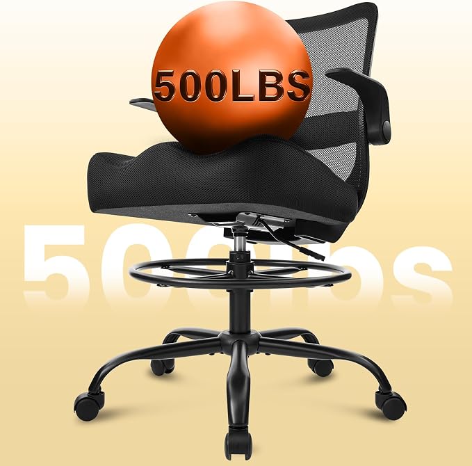 Drafting Chair 500LBS – Tall Office Chair with Adjustable Height & Foot Ring for Standing Desk, Ergonomic Mesh Chair with Flip-Up Armrests, Thick Curved Seat for Home Office & Creative Work