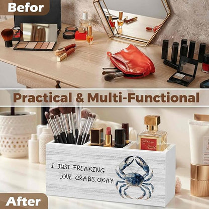 Coastal Beach Crab Pencil Pen Holder for Desk Organizer, Crab Gifts, I Just Freaking Love Crabs Okay Wooden Box Decorations for Home Office Bedroom Desk Tabletop Decor