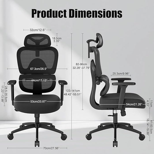 Ergonomic Office Chair with Adjustable Lumbar Support, 3D Arms and Headrest, High Back Wide Desk Computer Chair with Wheels, for Home & Office, Black