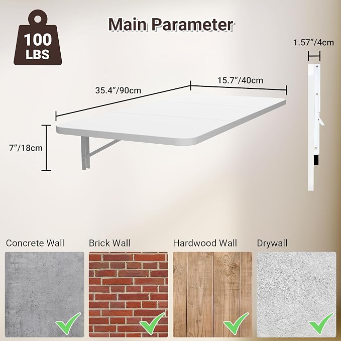Neoaider Wall Mounted Folding Desk 35.4” x 15.7”, Drop Down Table with Metal Collapsible Brackets, Folding Wall Table for Small Spaces, Home, Office, Kitchen, Laundry Room-White