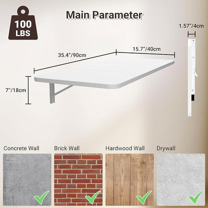 Neoaider Wall Mounted Folding Desk 35.4” x 15.7”, Drop Down Table with Metal Collapsible Brackets, Folding Wall Table for Small Spaces, Home, Office, Kitchen, Laundry Room-White