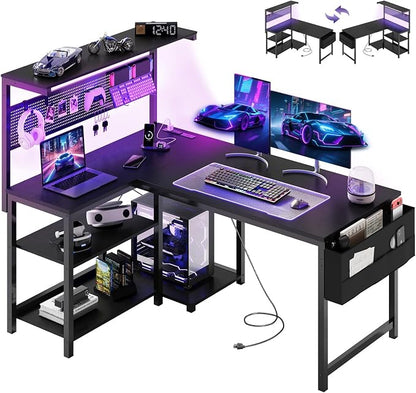 Apicizon L Shaped Desk Gaming Desk with LED Light & Power Outlet, 47 Inch Reversible Computer Desk with Pegboard & Shelf & Storage Bag for Home Office, Black