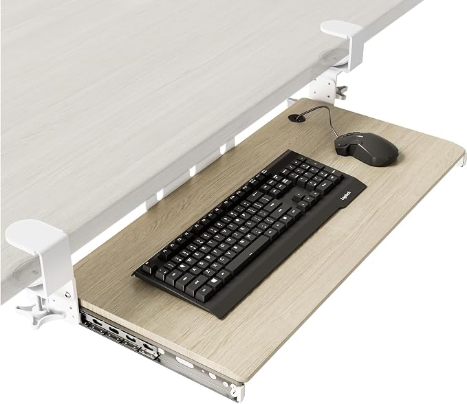 AX WABER Keyboard Tray Under Desk Pull Out with Extra Sturdy C Clamp Mount System, 27.3 (32.5 inch Including Clamps) x 11 Inch Slide-Out Platform Computer Drawer for Typing Grain AX01WG01