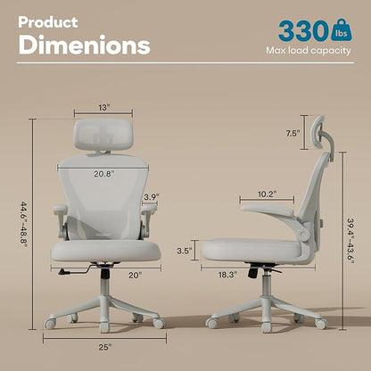 SeekFancy Ergonomic Office Chair M903, Computer Desk Chair | High Back Mesh Office Chair with Adjustable Lumbar Support, Headrest, Flip-Up Armrests, Wheels, 330LBS Capacity, All Grey