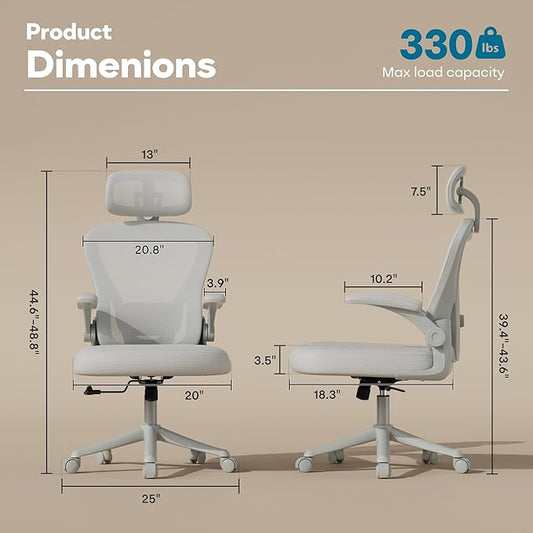 SeekFancy Ergonomic Office Chair M903, Computer Desk Chair | High Back Mesh Office Chair with Adjustable Lumbar Support, Headrest, Flip-Up Armrests, Wheels, 330LBS Capacity, All Grey