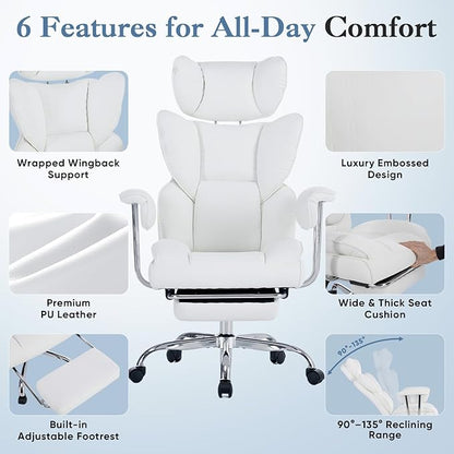 DUMOS Big and Tall Office Chair 400 LBS, Scratch-Resistant PU Leather Executive Office Desk Chair with Footrest, Ergonomic Reclining Computer Chairs with Pocket Spring Support, White