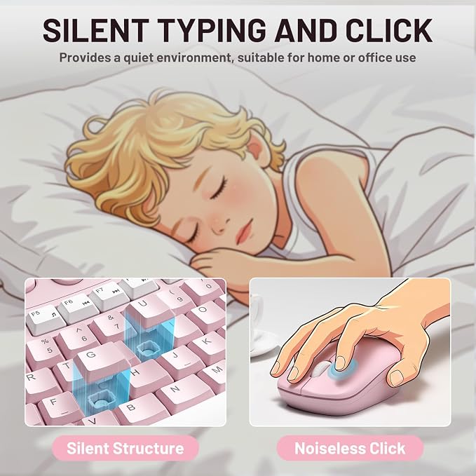 Wireless Keyboard and Mouse Combo,2.4G Full Size Ergonomic Curved Silent Keyboard with Fn Multimedia Keys for Office and Home, 3-DPI Quiet Mouse for Windows,Mac OS Desktop/Laptop/PC (Light Pink-A)