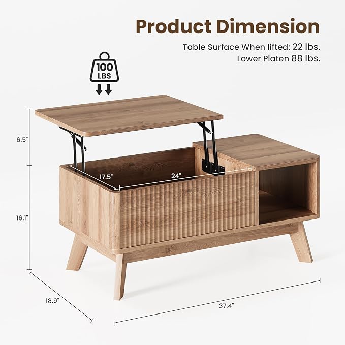 Wood Lift Top Coffee Table with Hidden Compartment and Large Storage Shelf, Lift Tabletop Dining Center Table for Home Living Room Office, Natural