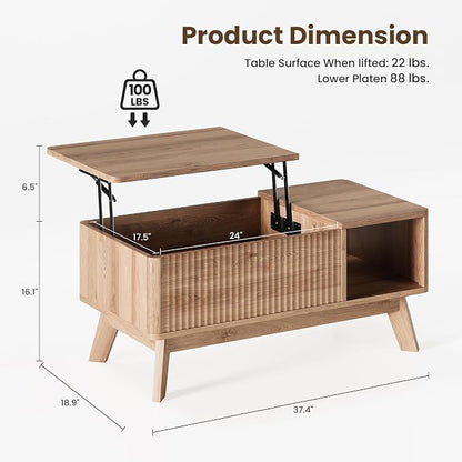Wood Lift Top Coffee Table with Hidden Compartment and Large Storage Shelf, Lift Tabletop Dining Center Table for Home Living Room Office, Natural