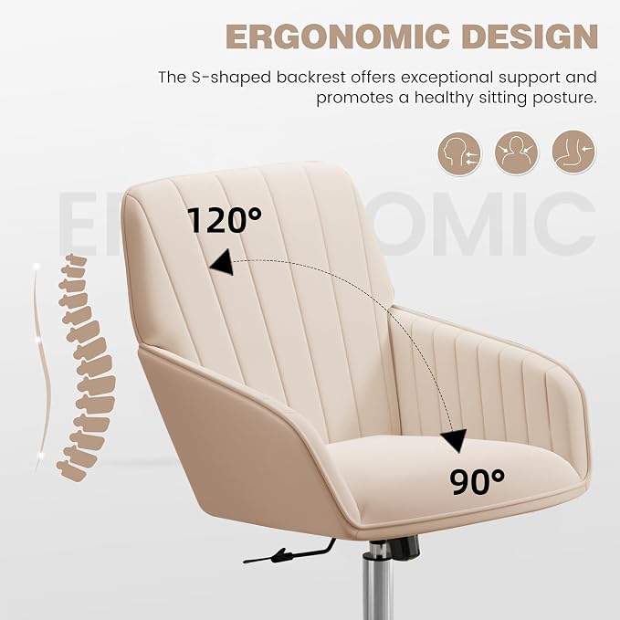 YISHENG Velvet Office Desk Chair with Silver Base, with Wheels,Modern Height Adjustable 360 Degree Swivel Upholstered Vanity Chairs with Arms for Living Room Bedroom,Khaki