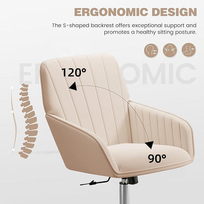 YISHENG Velvet Office Desk Chair with Silver Base, with Wheels,Modern Height Adjustable 360 Degree Swivel Upholstered Vanity Chairs with Arms for Living Room Bedroom,Khaki