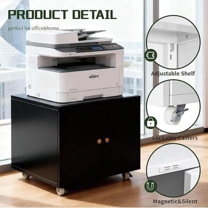 23.62" H Printer Stand with Storage Cabinet,Rolling Printer Cart with Wheels, Mobile Printer Stand, Adjustable Printer Table Organizer for Office and Home, Black