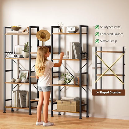 Furologee Triple 4 Tier Bookshelf, Bookcase with 11 Open Display Shelves, Large Book Shelf with 6 Hooks, Rustic Bookshelves Storage Organizer, Decorative Shelving Unit for Living Room, Home Office